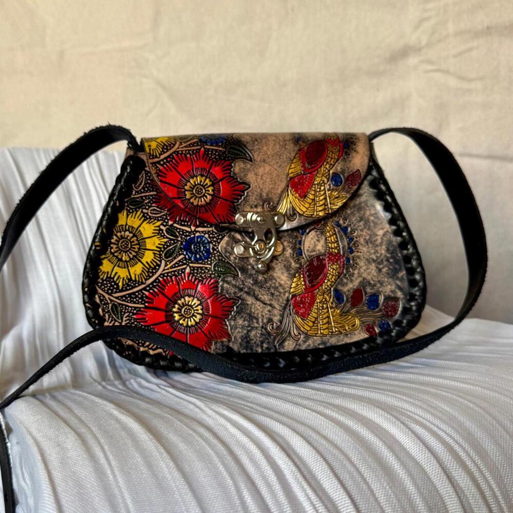 Black Leather Hand Tooled and Painted Peacock Flower Crossbody Bag